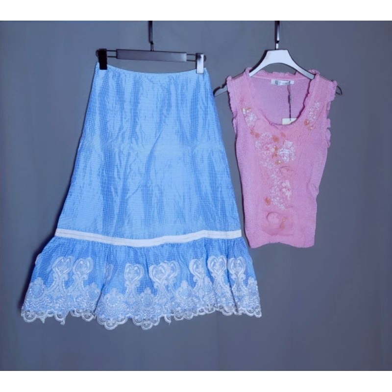 設計師Bianco微光澤編織蕾絲裙襬藍色高腰長裙 B1010【點點藏物】
