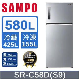 ✿聊聊最便宜✿全台配裝✿全新未拆箱 SR-C58D(S9) 【SAMPO聲寶】580L 變頻雙門冰箱 彩紋銀