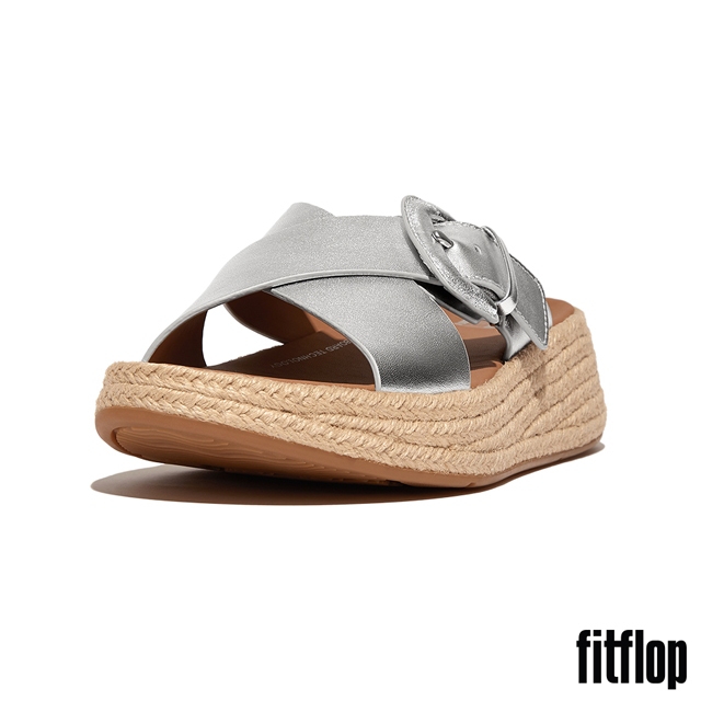 【FitFlop】F-MODE 草編扣環金屬皮革厚底交叉涼鞋-女(銀色)