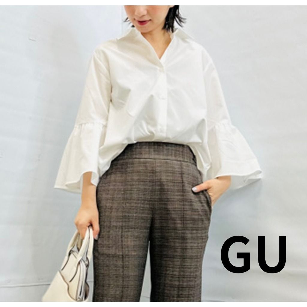 (全新) GU 女裝白色棉質喇叭袖(7分袖)襯衫-M號
