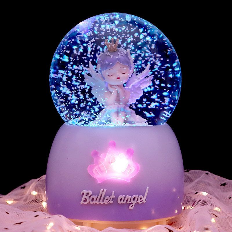 芭蕾公主七彩發光水晶球 雪花旋轉八音盒 內旋轉 自動飄雪 透明水晶球音樂盒 水晶球擺件 生日禮物 交換禮物