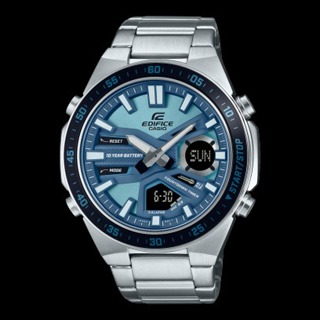 []錶子$行頭[] CASIO EDIFICE 十年電力 雙顯示 賽車鋼帶運動腕錶-碧海藍 (EFV-C110D-2B)
