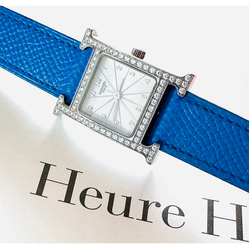 ~HERMES 原鑲鑽H 土耳其藍錶帶 手錶