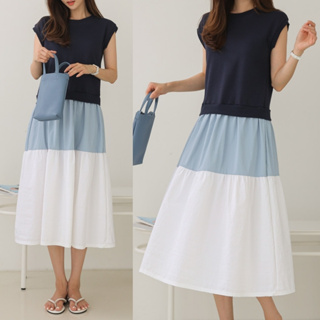 【白鳥麗子】連身裙 時尚拼色百摺圓領短袖長版洋裝
