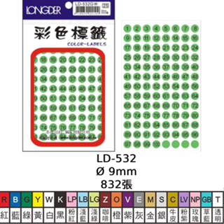 含稅附發票【奇奇文具】龍德LONGDER LD-532 9mm 832pcs 螢光色 彩色 數字圓點標籤 (多色可選)
