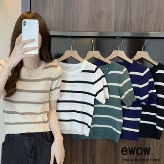 ewow【台灣現貨特賣】韓版chic風圓領條紋顯瘦針織上衣 短袖上衣 短袖t恤 女裝 短版上衣 衣服 寬鬆上衣