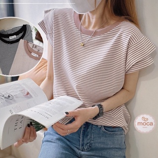 【MOCA】現貨 熱賣版型設計款雙層袖上衣 細條韓國棉 器直條紋T恤（2430）