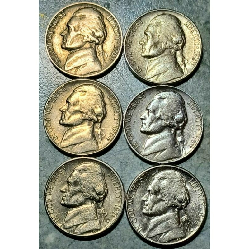 美國 傑佛遜5美分硬幣 1963年二枚\1964年二枚\1971年一枚\1972年一枚 共6枚合售