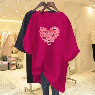 衣藝舍 大尺碼女裝短袖上衣 長版上衣 愛心上衣 印花 T恤 夏季衣服女生 寬鬆上衣短袖 中長款 上衣 大尺碼上衣