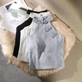 【❤️桃喜Rich 】3色可選 大碼國風旗袍上衣 盤扣掛脖吊帶背心 內搭外穿設計感短款上衣 新中式女裝 露背上衣