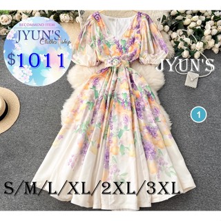 JYUN'S 夏季新款法式復古宮廷風禮服設計感印花燈籠袖修身長版大擺氣質洋裝春裝短袖洋裝大尺碼2色S~3XL預購