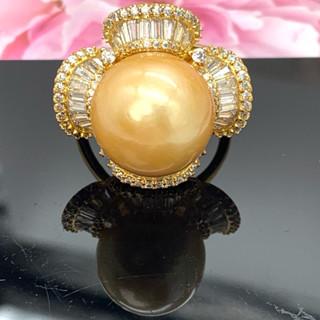 🎀小小飾品🎀珍藏款天然海水珍珠戒指14.3mm南洋金珍珠戒指 S925銀鑲嵌鋯石幸運草巨大圓潤近無瑕珠光極細膩極亮