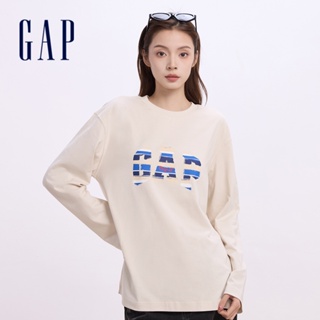 Gap 女裝 Logo純棉印花圓領長袖T恤 水洗棉系列-米色(622464)