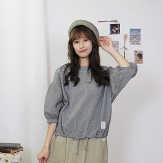 花木馬日系女裝寬鬆泡袖綁帶收口格紋上衣