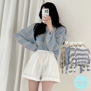 Waroom|現貨實拍 A510 初秋韓系薄款圓領條紋短版長袖針織上衣|女裝|防曬|短款上衣|長袖上衣|罩衫|毛衣