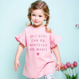 韓國🇰🇷 JELISPOON 女童款字樣印花荷葉邊短袖長版上衣【現貨】粉色款 中長版上衣 100%純棉 夏季上衣 字母
