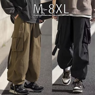 M-8XL 精品滑板工裝褲男 大尺碼寬鬆闊腿長褲 顯瘦加大碼男生休閒長褲 復古風 工裝縮口褲 韓國潮牌ins大口袋工作褲