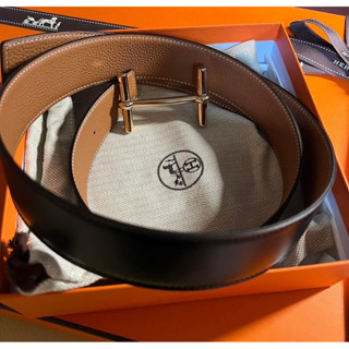 在臺現貨🧡26890 愛馬仕 HERMÈS 極簡H雙麵皮帶 金棕拼黑 金釦 38mm/95cm