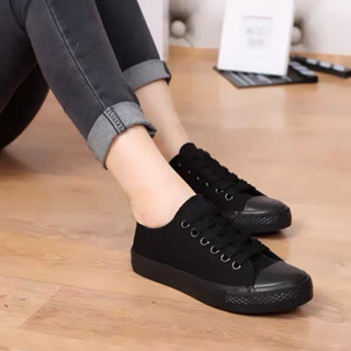 全黑色帆布鞋👟純黑透氣工作鞋子 學生百搭休閒平底鞋 韓版小黑鞋