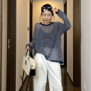 胖胖美依 針織衫 上衣 長袖上衣 藍色細條紋長袖防曬罩衫T卹夏季薄款寬鬆顯瘦上衣NA19-97003.