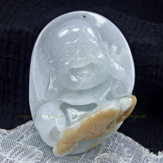 珍珠林~歡喜彌勒佛玉珮/把件/小擺件~緬甸A貨冰種紫羅蘭翡翠帶黃皮#310