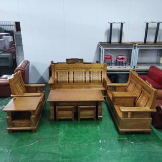 【非凡二手傢俱】庫存品正樟木1+2+3木沙發組+大小茶几輔助椅(附玻璃)*木製沙發*木椅*客廳桌*木沙發