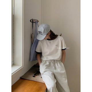 【Fee現貨3色】拼接色BONJOUR標誌短T🌸BONJOUR撞色字母短袖 你好 滾邊 寬鬆上衣 短袖上衣