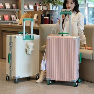 撞色行李箱 20寸旅行箱 多功能拉桿箱 USB充電口/杯架 大容量鋁框行李箱 20寸登機箱 防刮旅行箱 託運箱 鋁框箱