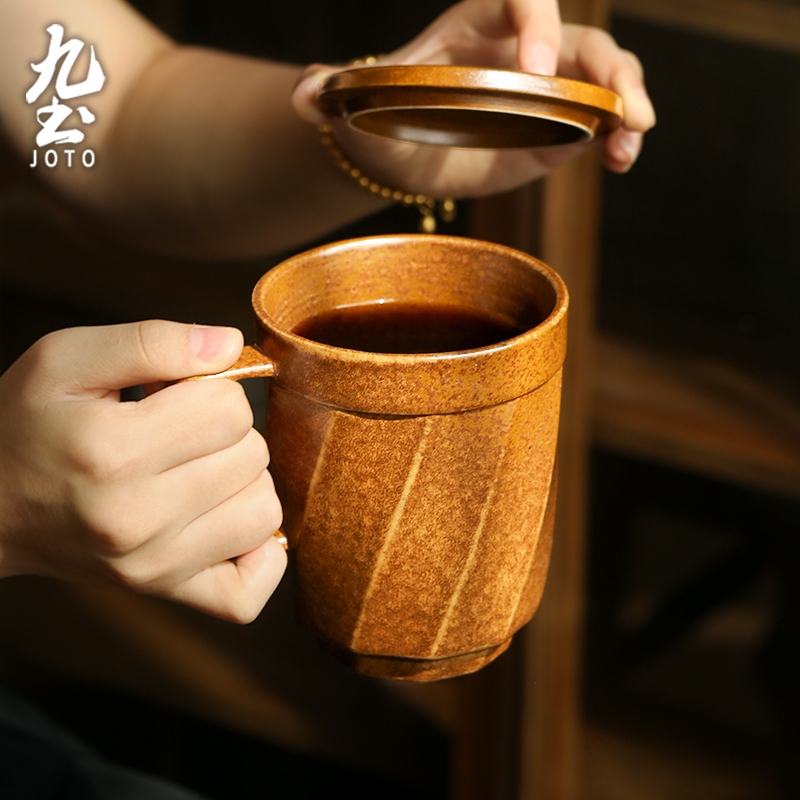 九土復古粗陶帶蓋馬克杯景德鎮手工陶瓷附蓋馬克杯大容量水杯家用牛奶杯果汁杯情侶復古咖啡杯辦公茶杯餐廳咖啡杯CFR0153