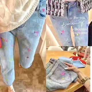 CHILL現貨 FSY韓系中腰彈力潑墨愛心直筒牛仔褲 直筒褲 長褲 女生牛仔長褲 九分牛仔長褲 窄管褲 修身牛仔褲 預購