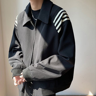 男生外套 男士夾克外套 條紋翻領夾克外套 撞色拼接外套 短款時尚外套 休閒寬鬆外套 機能風 情侶款 韓版潮 男士上衣