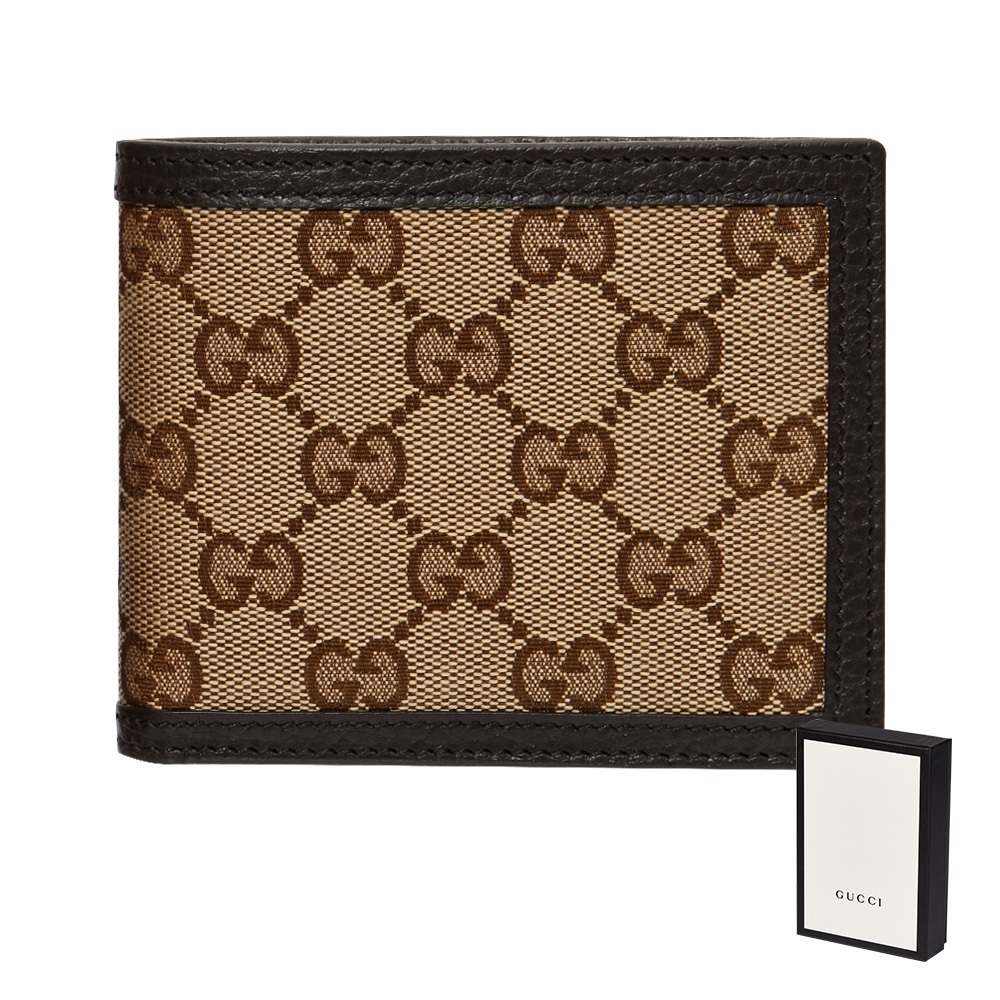 GUCCI 古馳 經典雙G老花八卡雙鈔短夾-茶棕