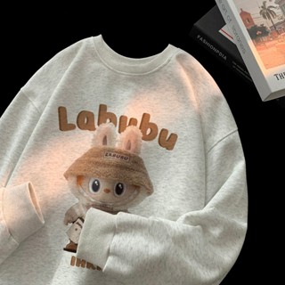 是心動呀~labubu印花大學t 長袖上衣 圓領衛衣 大學t 韓版上衣 oversize 花灰色大學t 薄款大學t 秋冬