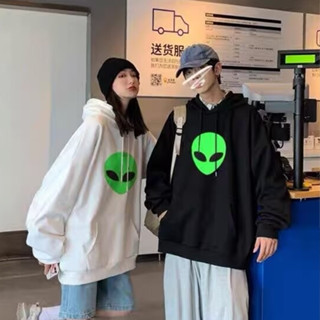 潮流連帽刷毛外星人印花大學T 潮ins寬鬆男港風青年連帽上衣 印花秋冬長T 加絨款 情侶裝 帽T（XW628)【壹號站】