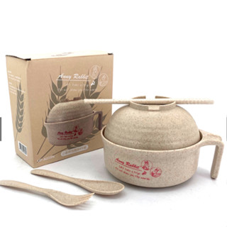 Anny Rabbit 安妮兔 小麥稈泡麵碗組(含上蓋+湯匙+筷子+叉子) 麥稈食品級PP可微波 便攜環保 露營 泡麵碗