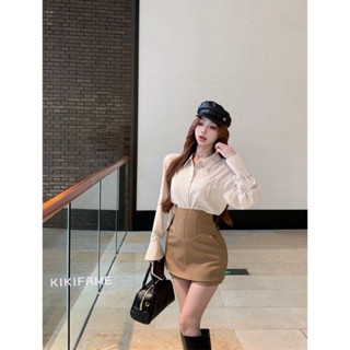 KIKIFAME🤎韓系質感翻領長袖襯衫 綁帶褲裙 百搭襯衫 寬鬆襯衫 排扣上衣 短裙 高腰裙 包臀裙 綁帶裙 套裝