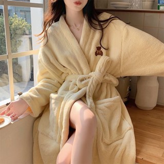 FUXI 珊瑚絨睡袍女 加絨加厚保暖睡衣 連身睡衣 柔軟舒適浴袍 睡裙 居家服 開衫外穿家居服