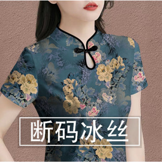 韓版改良旗袍上衣女|高檔女裝|氣質媽媽裝|旗袍領短袖衫|新款印花遮肚T恤|時尚女上衣|阿嬤衣服|大尺碼女裝|復古洋氣上衣