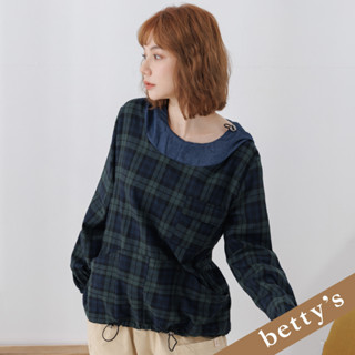 betty’s貝蒂思(25)牛仔連帽拼接格子下擺抽繩上衣(綠色)