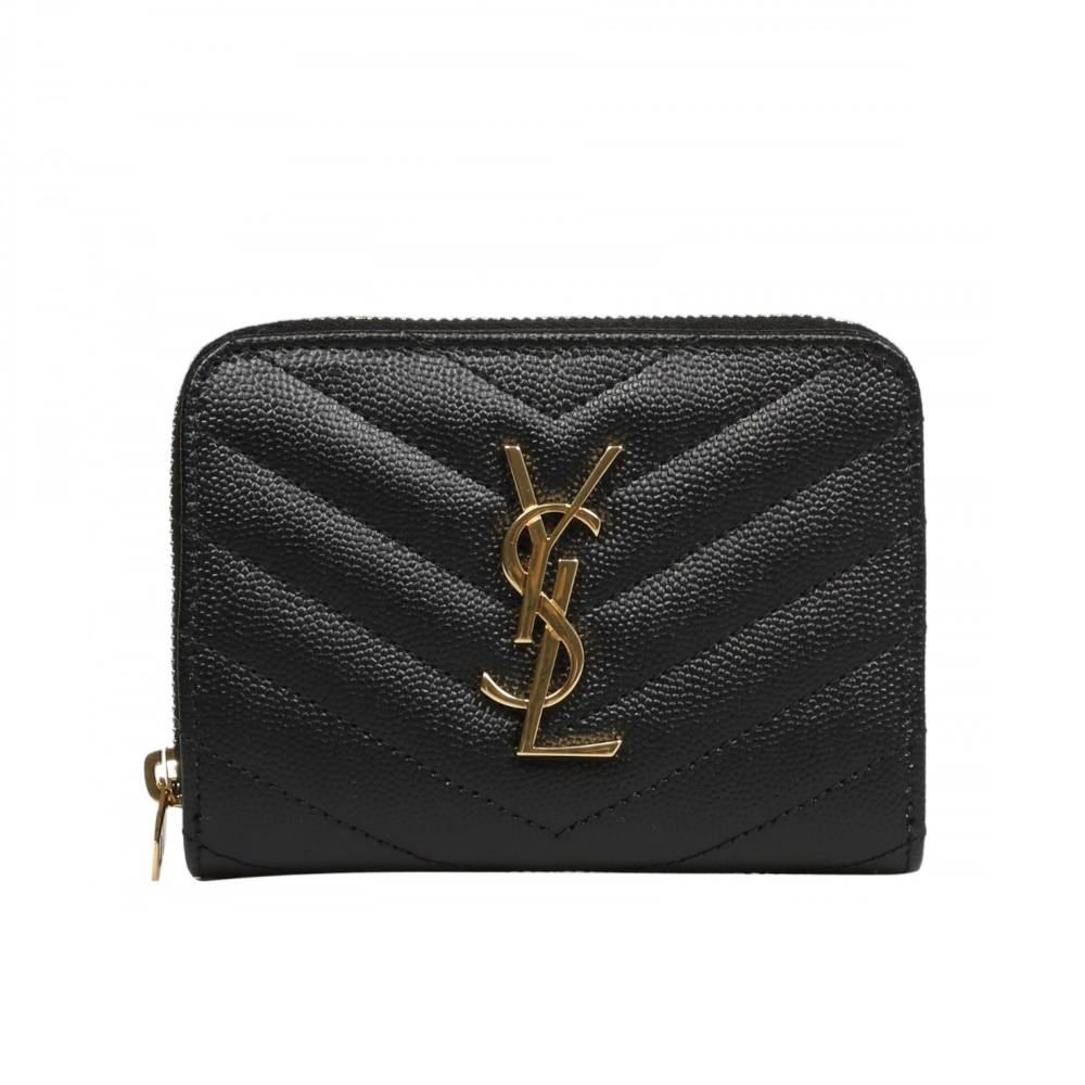 【YSL】SAINT LAURENT Monogram 皮革 拉鍊 釦式 短夾 卡夾 零錢包 金字 皮夾 黑色 金扣