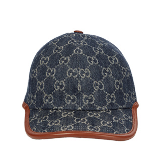 【GUCCI 古馳】滿版Logo 皮革滾邊 棒球帽 帽子 牛仔 丹寧 藍色 656206
