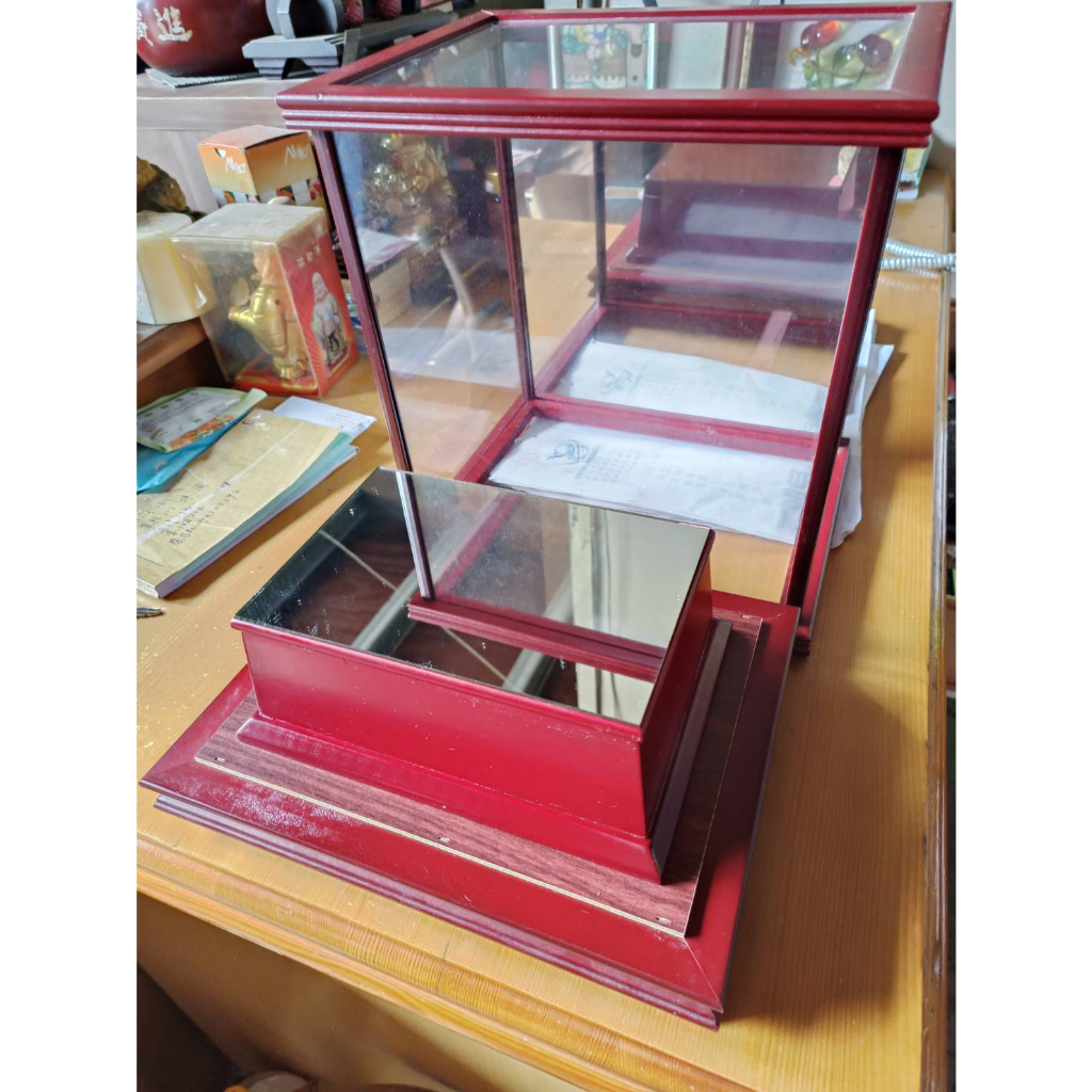 【銓芳家具】原木玻璃框盒 玻璃箱 展示盒 長27*寬21*高32公分 鏡面展示台 藝品展示櫃 紅木收藏盒 玻璃展示框