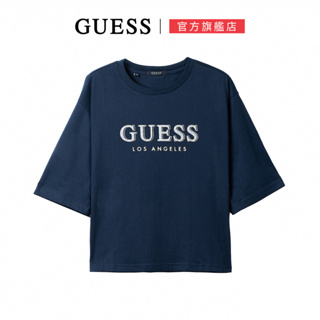 【GUESS】五分袖短版圓領短T-藍