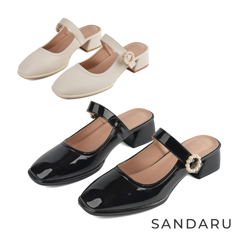山打努SANDARU-穆勒鞋 珍珠釦飾真皮瑪莉珍跟鞋