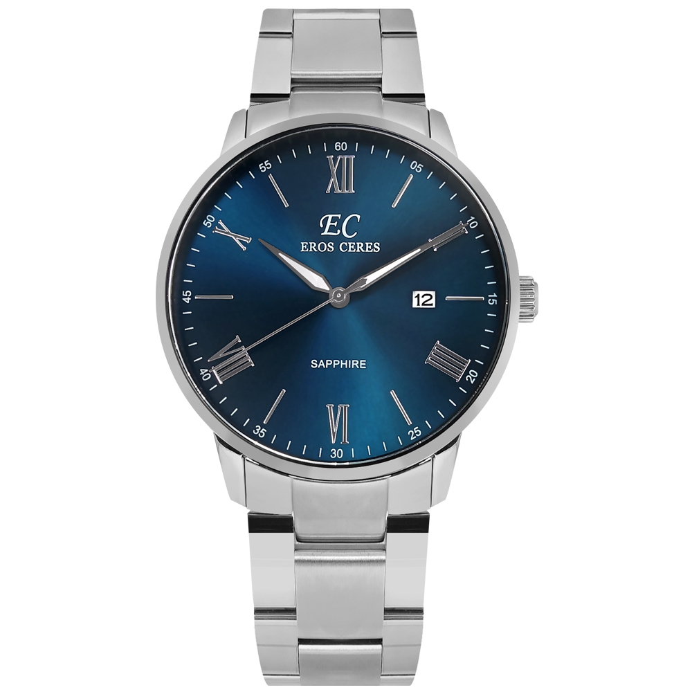 EROS CERES / 簡約時尚 羅馬刻度 日期 不鏽鋼手錶 藍色 / GQ34328S-BU / 43mm