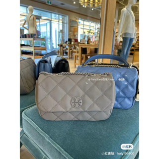 美國 Tory Burch Willa 小香風磨砂灰皮革鍊條兩用翻蓋 肩背包 斜背包郵差包 24/15/7