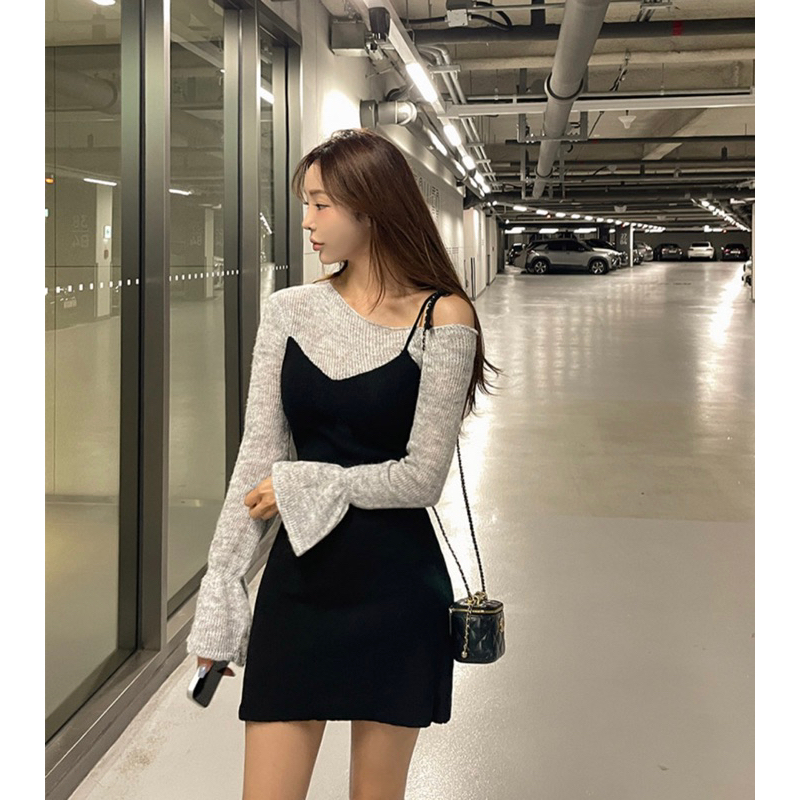 Winni Shop 韓國連線✈️ 兩件式造型針織短洋裝 連身裙 連身洋裝 針織洋裝 斜肩 細肩帶 假兩件 網紅款 韓國