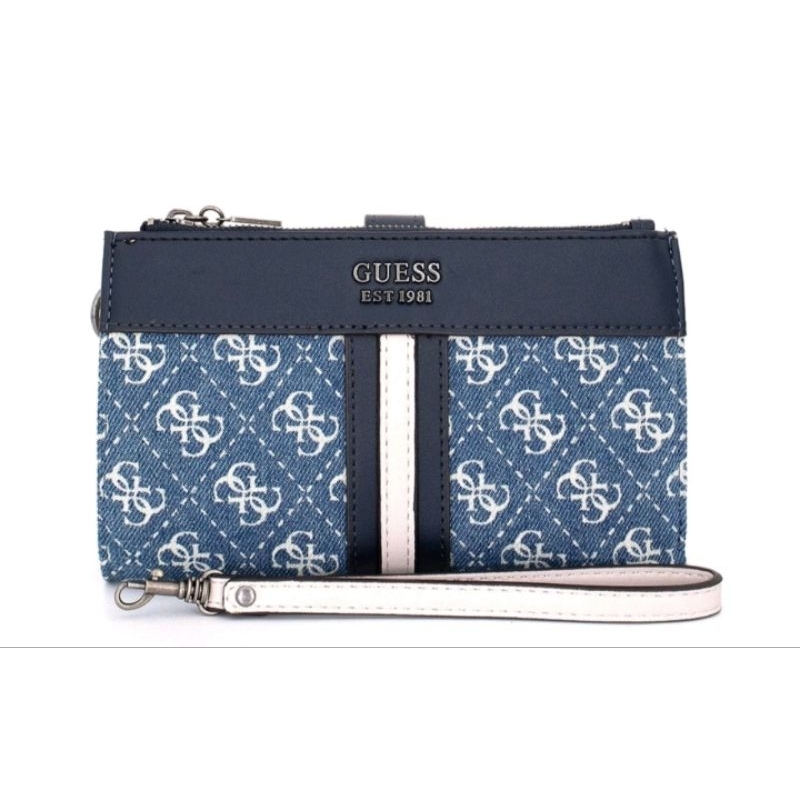 💯正品【GUESS】女包-復古菱格印花手拿包-藍