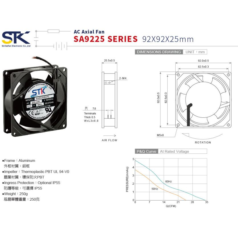 STK 3吋 SLEEVE軸承散熱風扇 92*92*25mm AC 110V 220V 交流 出線式