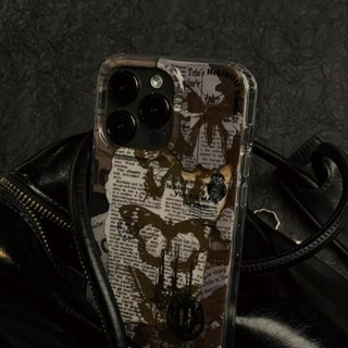 MI｜IG 復古英文報紙拼貼蝴蝶咖啡拓印 雙層設計 IPHONE 12 13 14 15 全包 手機殼